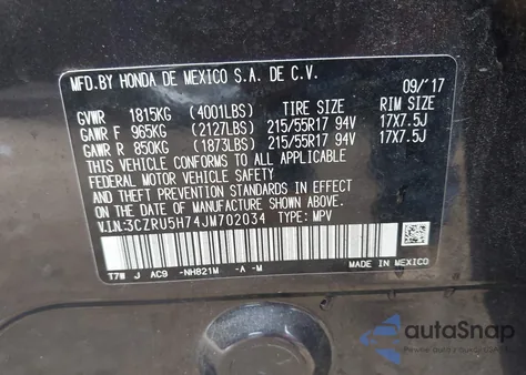 2018 Honda Hr-V Ex-L from USA, damaged, VIN 3CZRU5H74JM702034